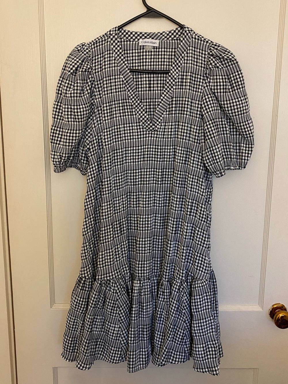 Calvin Klein Black & White Gingham V-Neck Puff Sleeve Dress